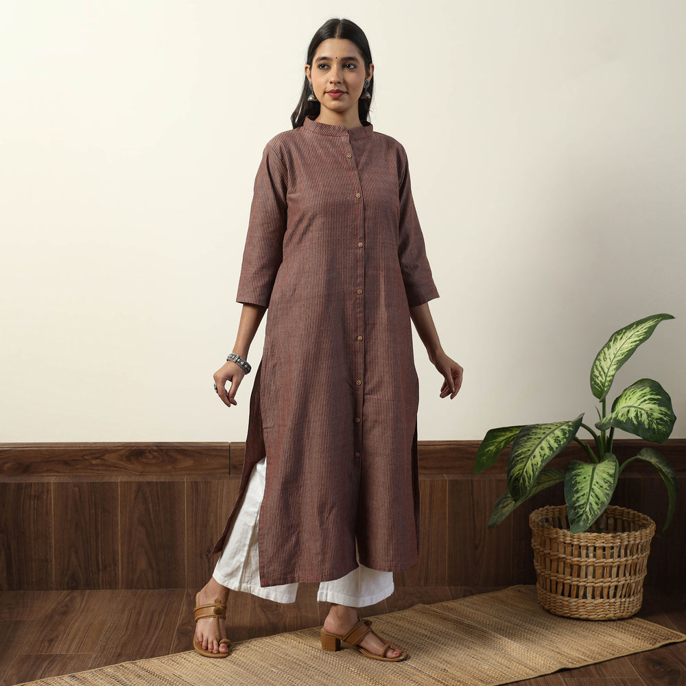 Dark Brown - Jhiri Handloom Cotton Straight Long Kurta