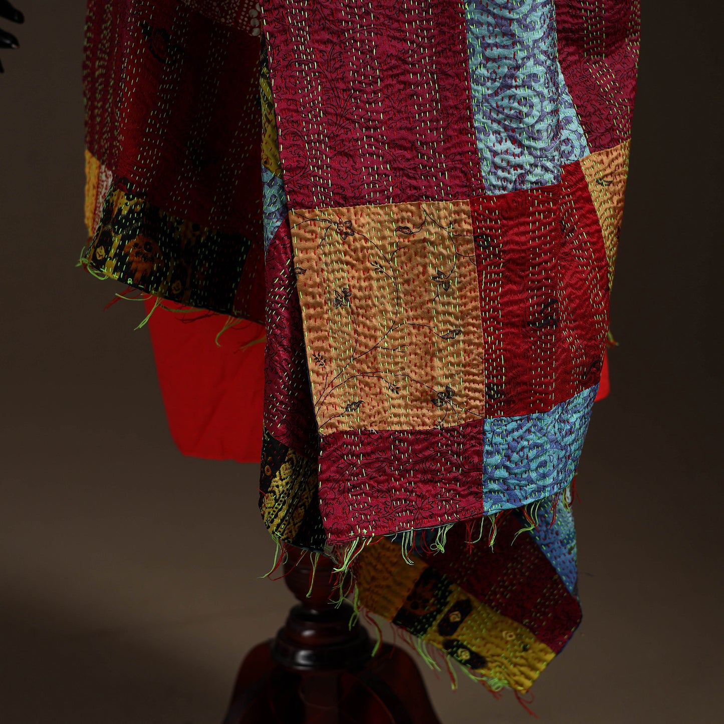 Bengal Hand Embroidery Patchwork Reversible Silk Kantha Dupatta 14