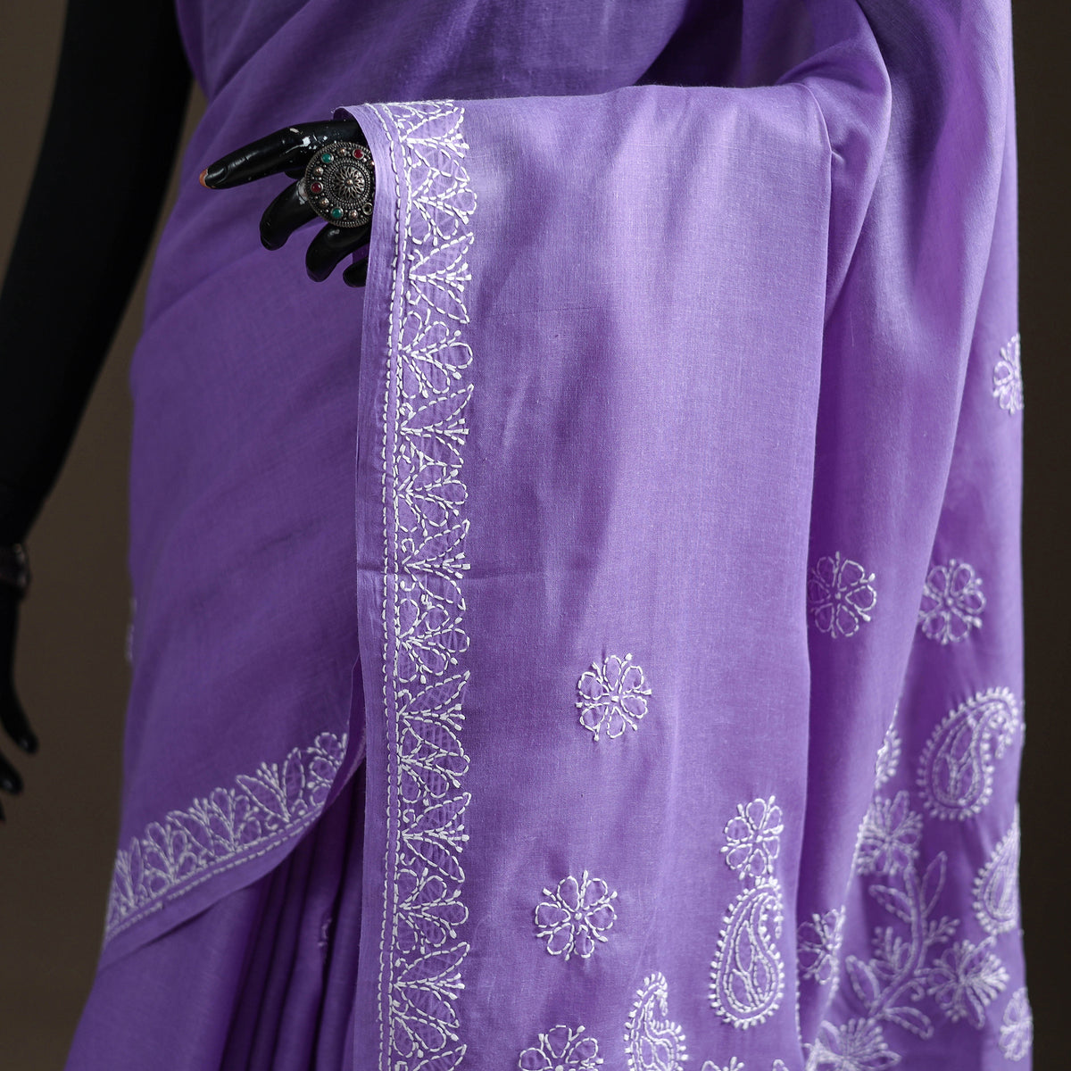 Hand Embroidered Terivoile Cotton Lucknowi Chikankari Saree 07