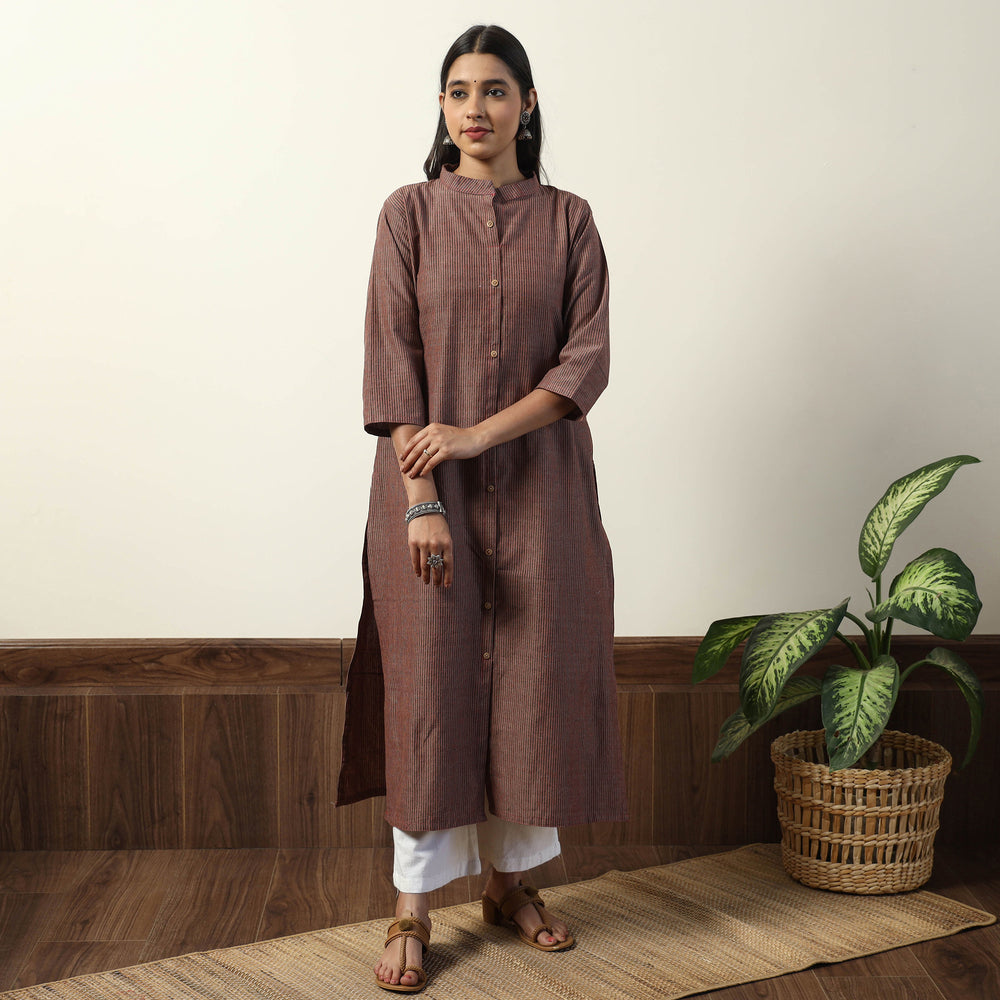 Dark Brown - Jhiri Handloom Cotton Straight Long Kurta