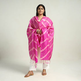 Pink Traditional Tie & Dye Tussar Silk Leheriya Dupatta
