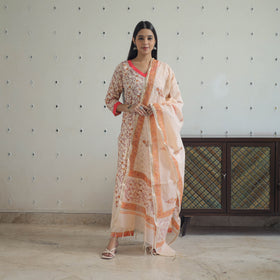 Peach - Sanganeri Block Print Cotton Kurta Suit Set 23