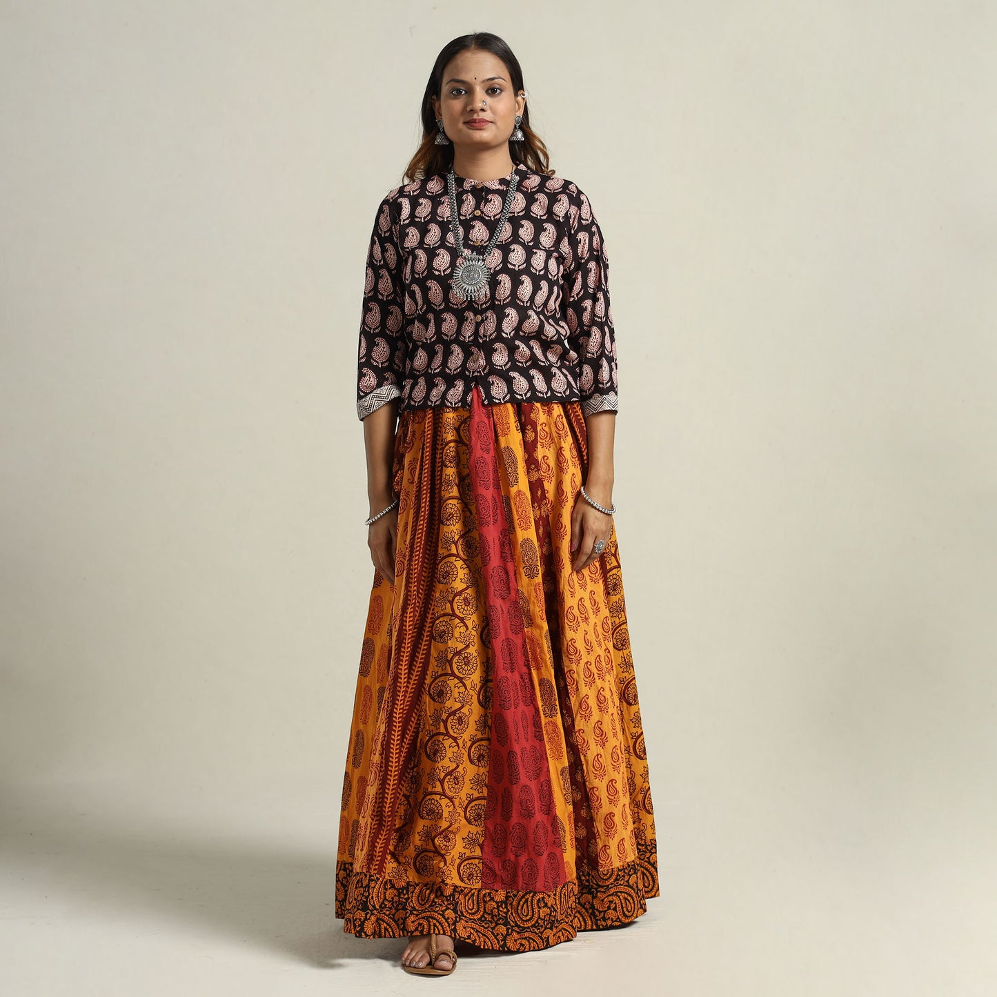 Yellow - Bagh Block Printed Patchwork Cotton Long Skirt