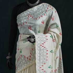 White - Bengal Hand Embroidery Silk Nakshi Kantha Saree 23