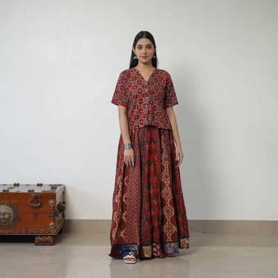 Red - 24 Kali Patchwork Block Printed Cotton Ajrakh Skirt 22