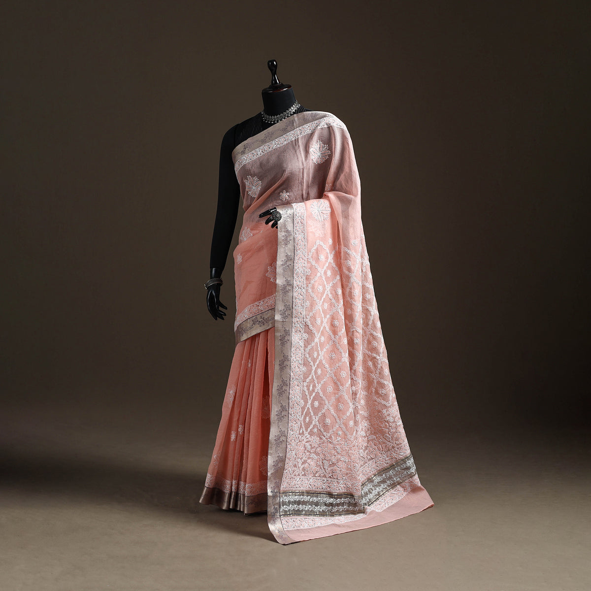 Hand Embroidered Kota Doria Cotton Lucknowi Chikankari Saree with Border 08