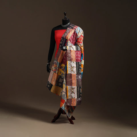 Multicolor - Bengal Hand Embroidery Patchwork Reversible Silk Kantha Dupatta 15