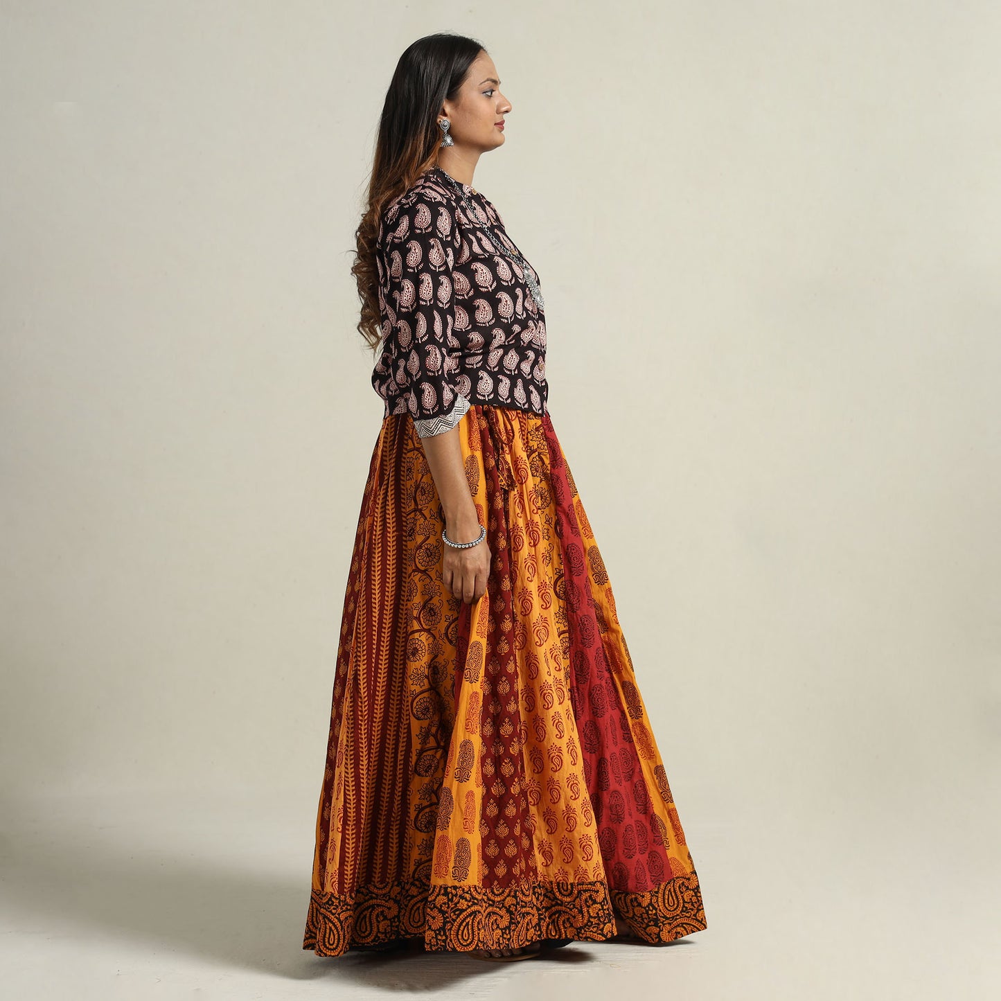  Bagh Block Printed Patchwork Cotton Long Skirt