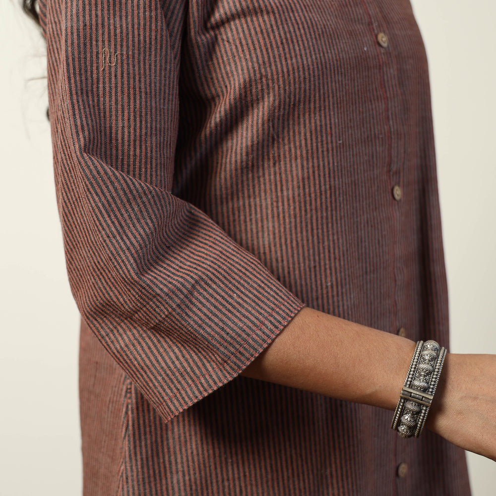 Dark Brown - Jhiri Handloom Cotton Straight Long Kurta