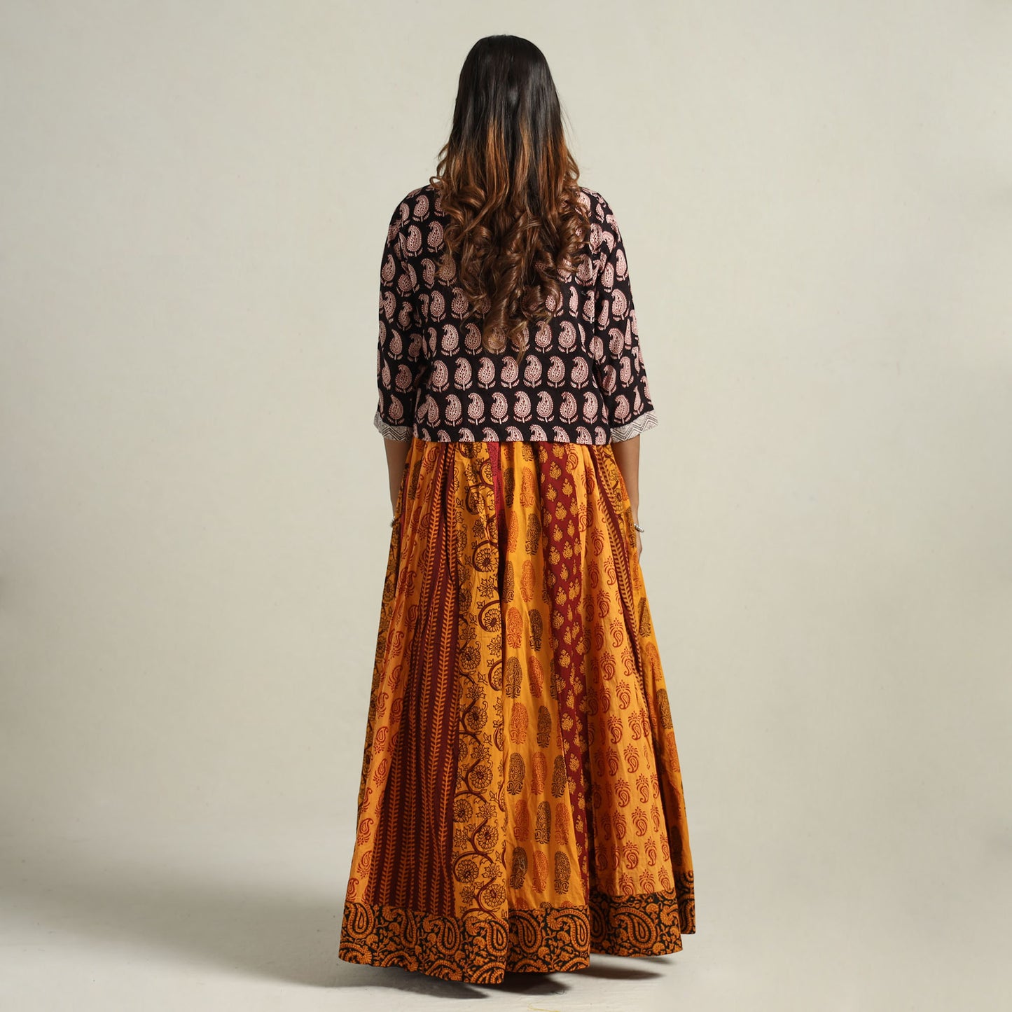 Yellow - Bagh Block Printed Patchwork Cotton Long Skirt
