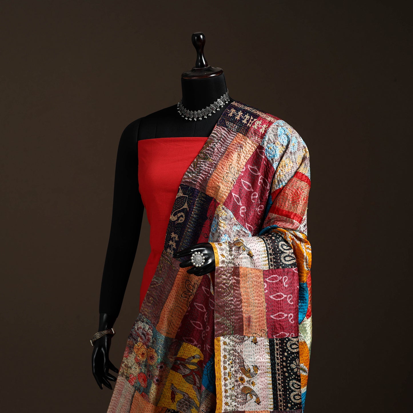 Multicolor - Bengal Hand Embroidery Patchwork Reversible Silk Kantha Dupatta 15