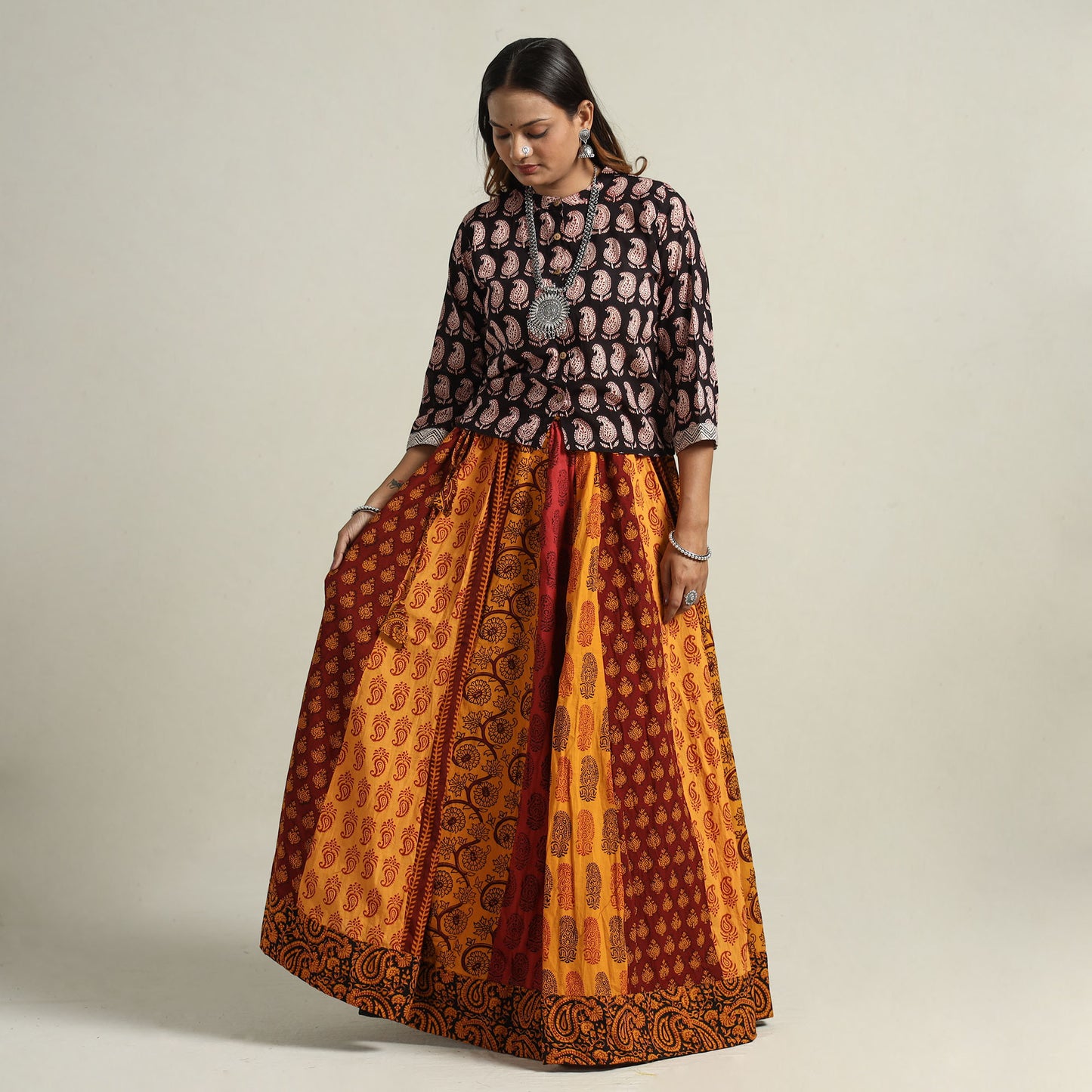 Yellow - Bagh Block Printed Patchwork Cotton Long Skirt