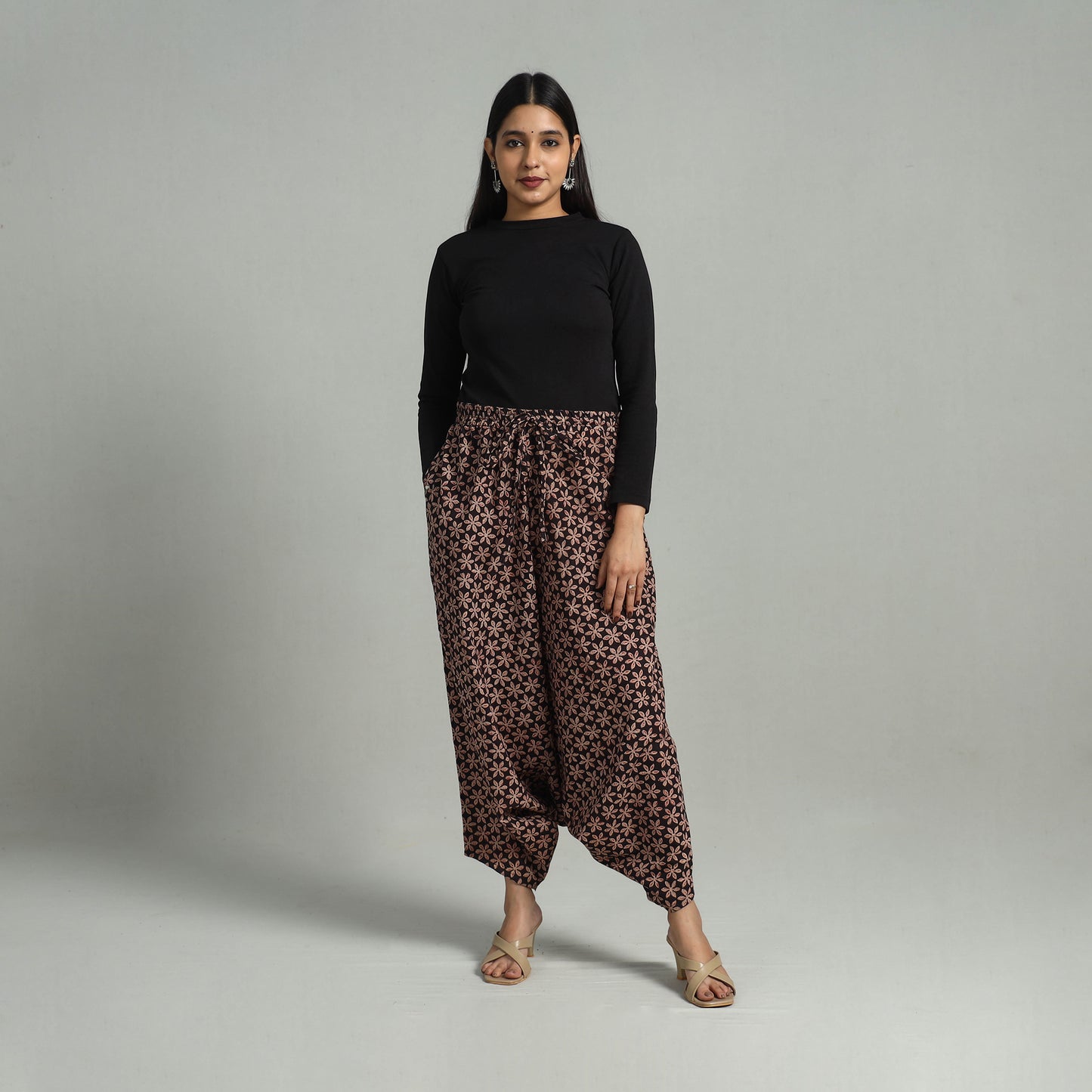 Black - Bagru Block Print Cotton Elasticated Harem Pant 04