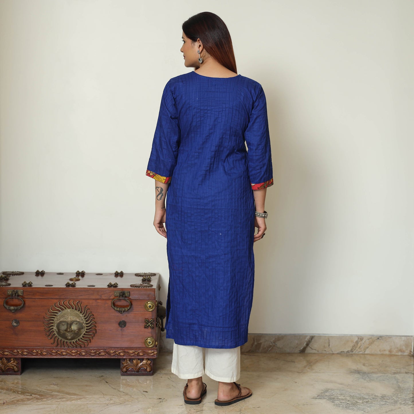 Blue - Srikalahasti Kalamkari Patchwork Pintuck Plain Cotton Straight Kurta 01