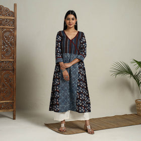 Block Print Mosaic Fusion A-Line Bagru Cotton Brown Kurta for Women