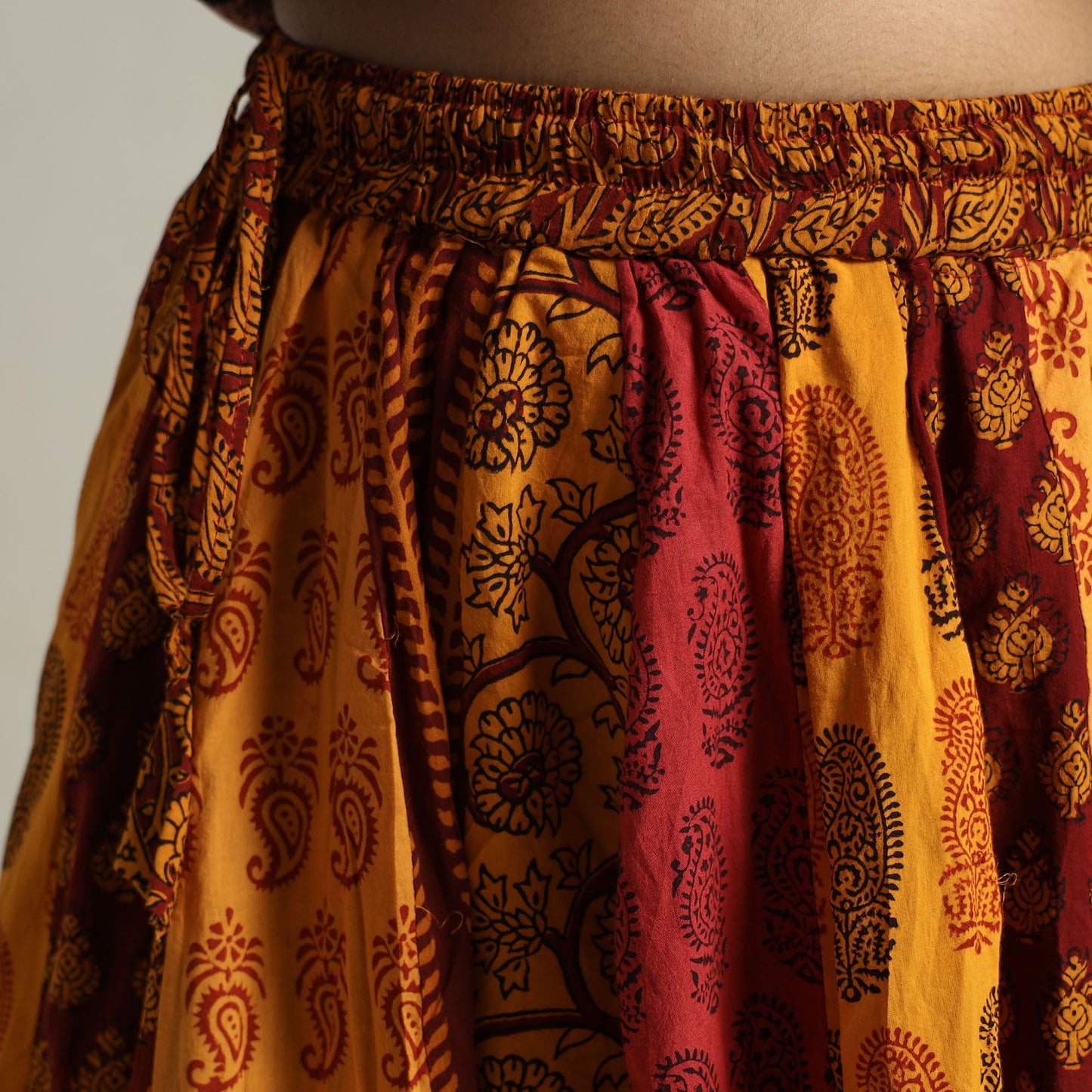 Yellow - Bagh Block Printed Patchwork Cotton Long Skirt