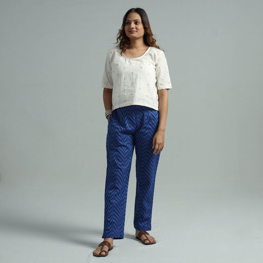 Blue - Jacquard Weave Cotton Elasticated Pant