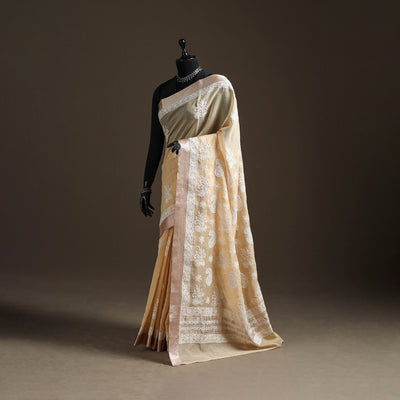 Hand Embroidered Kota Doria Cotton Lucknowi Chikankari Saree with Border 10
