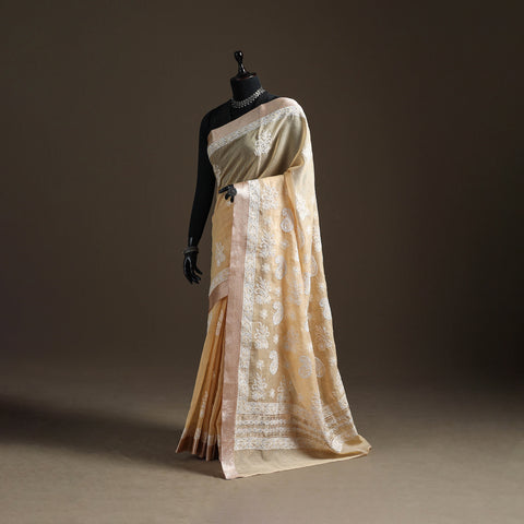 Hand Embroidered Kota Doria Cotton Lucknowi Chikankari Saree with Border 10