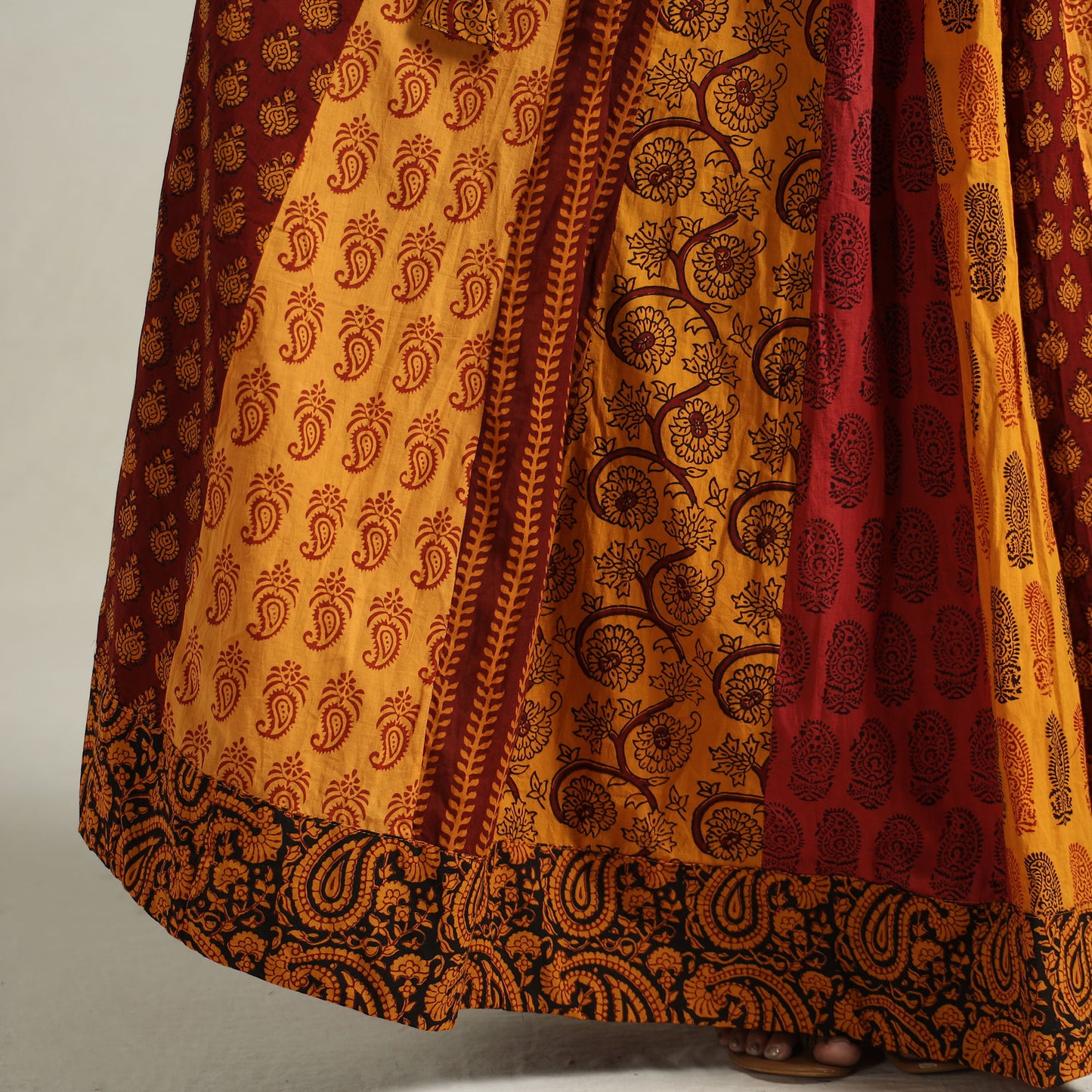 Yellow - Bagh Block Printed Patchwork Cotton Long Skirt