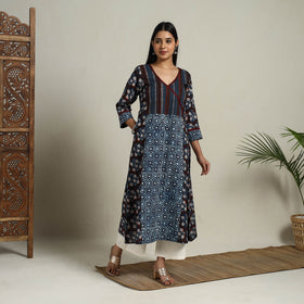 Block Print Mosaic Fusion A-Line Bagru Cotton Brown Kurta for Women