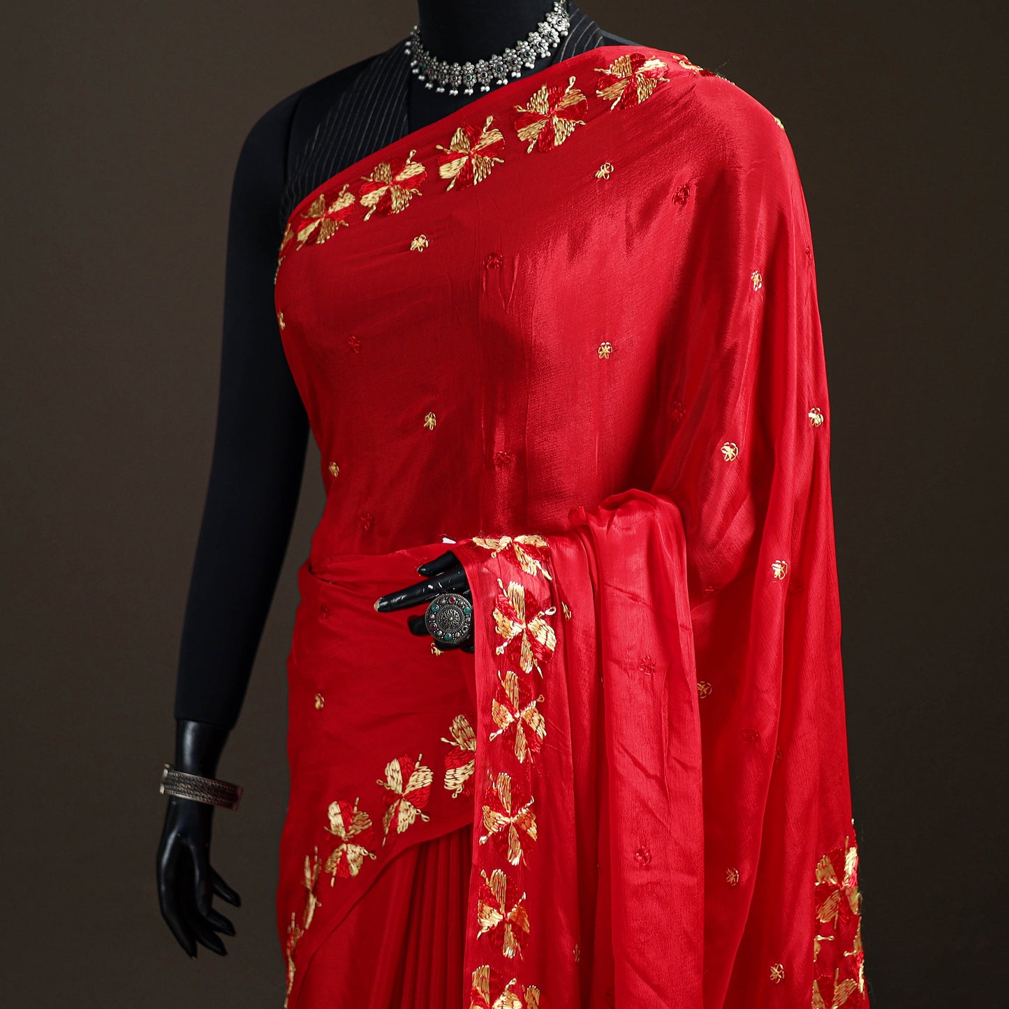 Chinon Silk Hand Embroidery Phulkari Saree 10