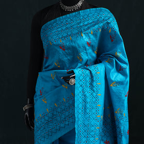 Blue - Bengal Hand Embroidery Silk Nakshi Kantha Saree 24
