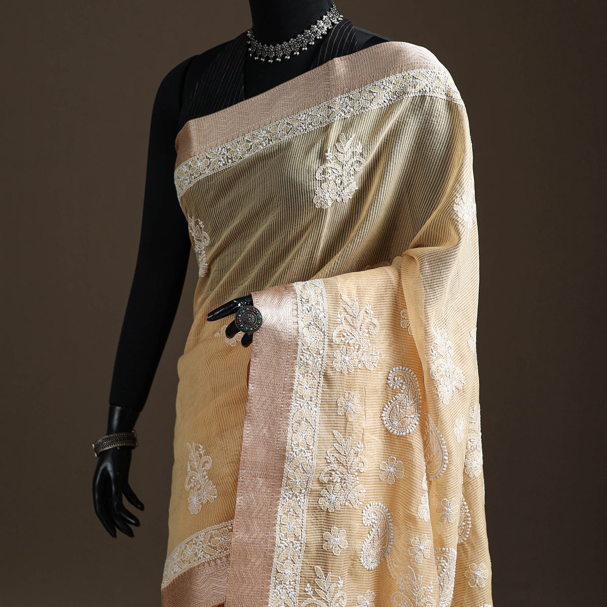 Hand Embroidered Kota Doria Cotton Lucknowi Chikankari Saree with Border 10