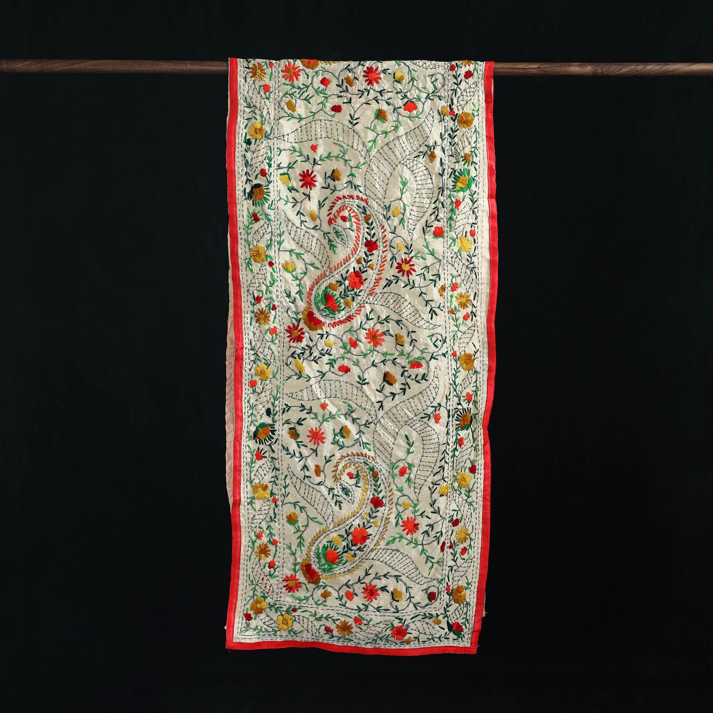 Beige - Ranihati Chanderi Silk Hand Embroidered Stole 103
