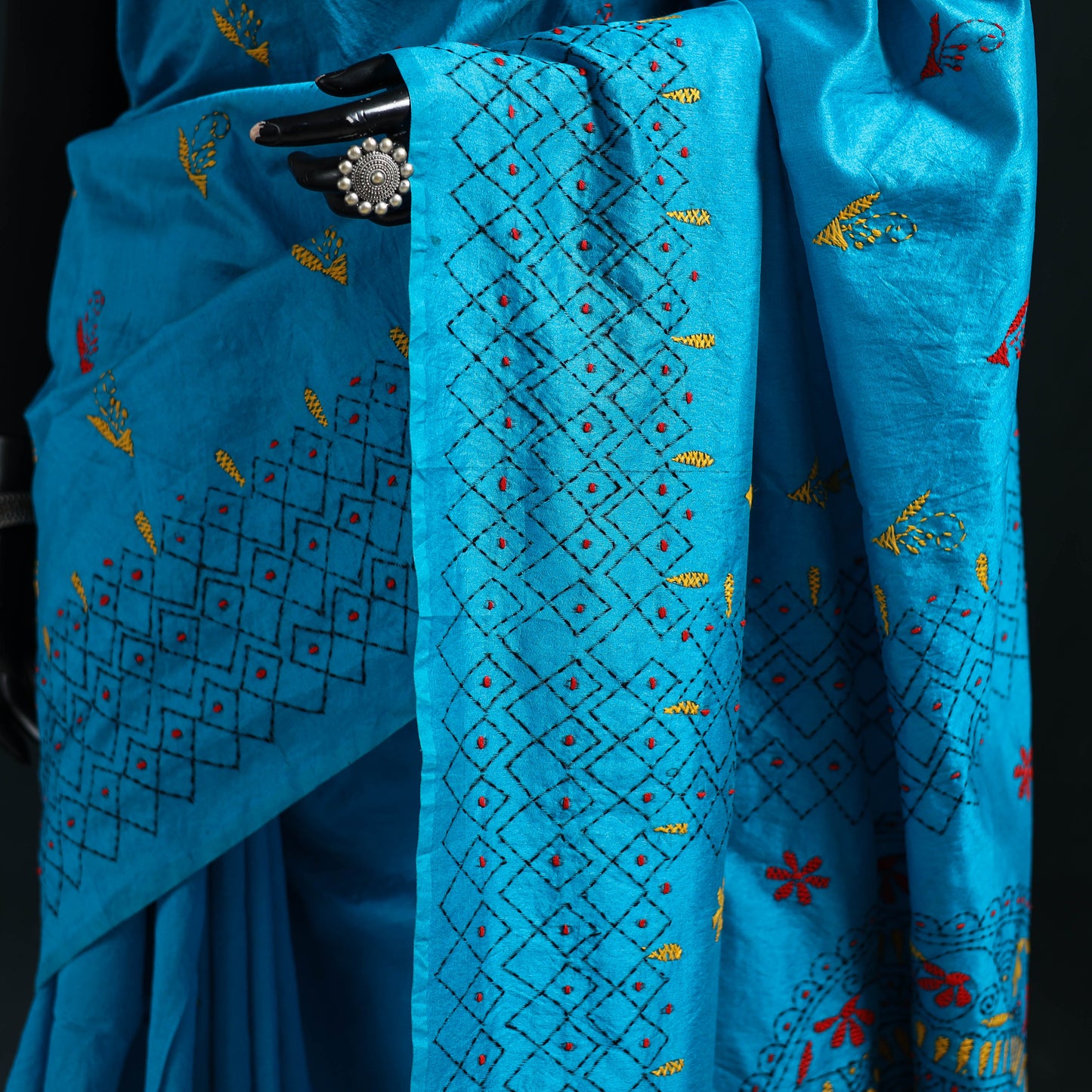 Blue - Bengal Hand Embroidery Silk Nakshi Kantha Saree 24