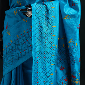 Blue - Bengal Hand Embroidery Silk Nakshi Kantha Saree 24