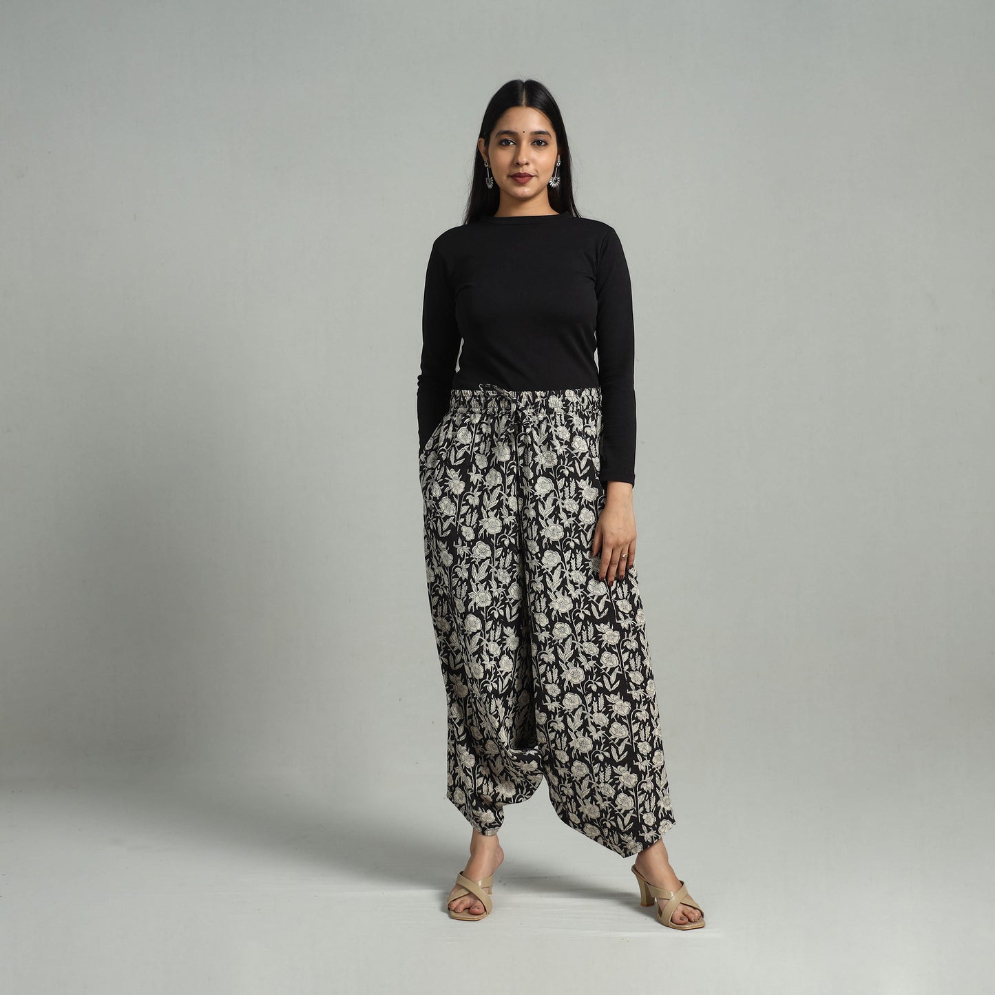 Black - Bagru Block Print Cotton Elasticated Harem Pant 07