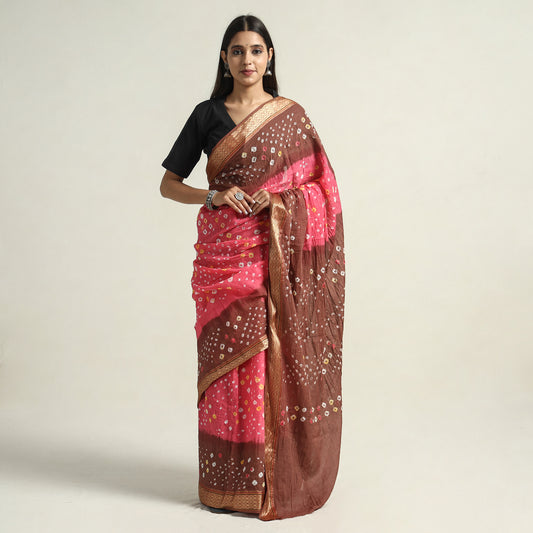 Brown - Kutch Bandhani Tie-Dye Cotton Saree with Blouse Piece