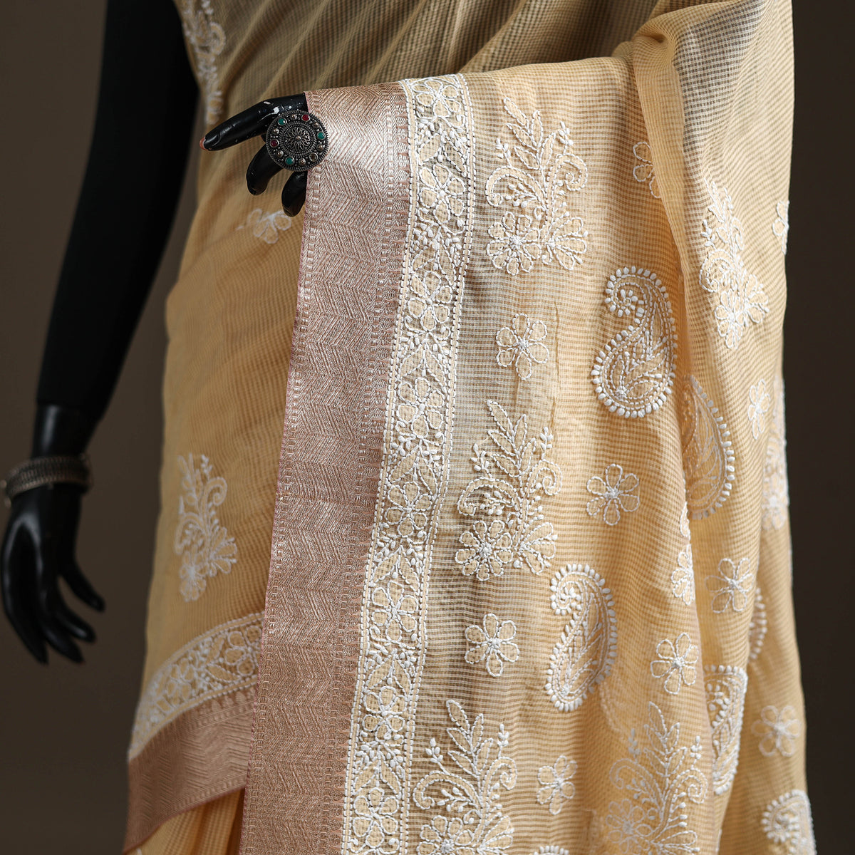 Hand Embroidered Kota Doria Cotton Lucknowi Chikankari Saree with Border 10