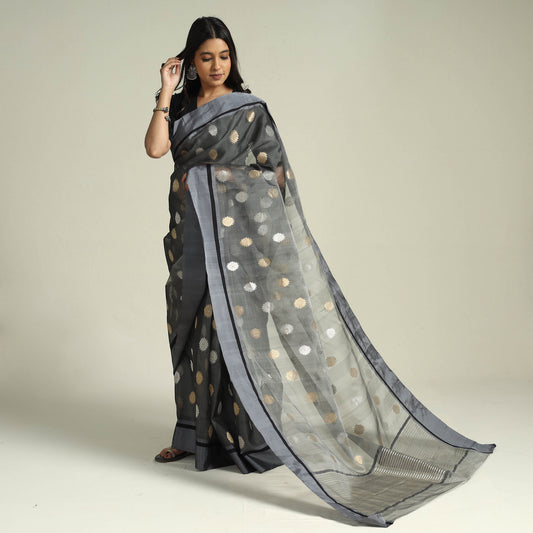 Grey - Traditional Chanderi Katan Silk Handloom Zari Work Saree by Rauph Khan