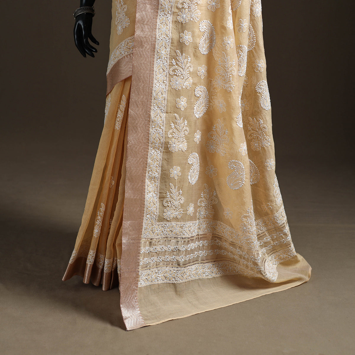 Hand Embroidered Kota Doria Cotton Lucknowi Chikankari Saree with Border 10