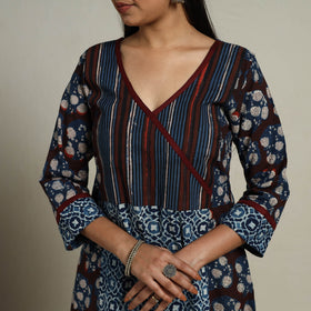 Block Print Mosaic Fusion A-Line Bagru Cotton Brown Kurta for Women
