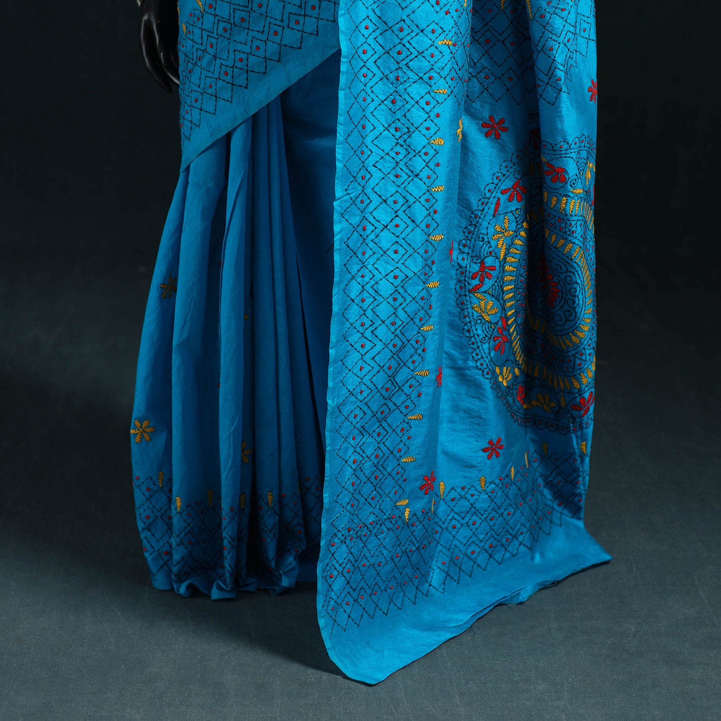 Blue - Bengal Hand Embroidery Silk Nakshi Kantha Saree 24