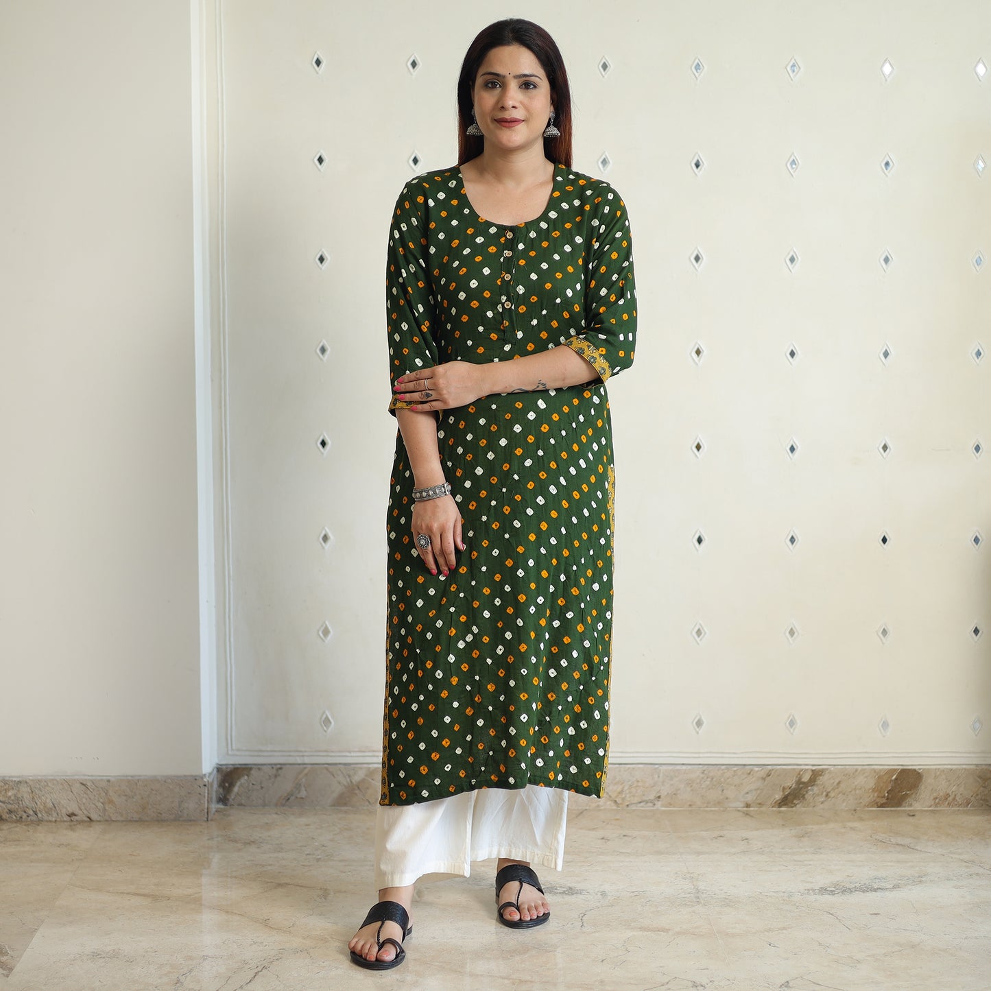 Dark Green Bandhani Tie-dye Cotton Straight Kurta