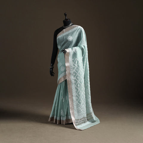 Hand Embroidered Kota Doria Cotton Lucknowi Chikankari Saree with Border 11