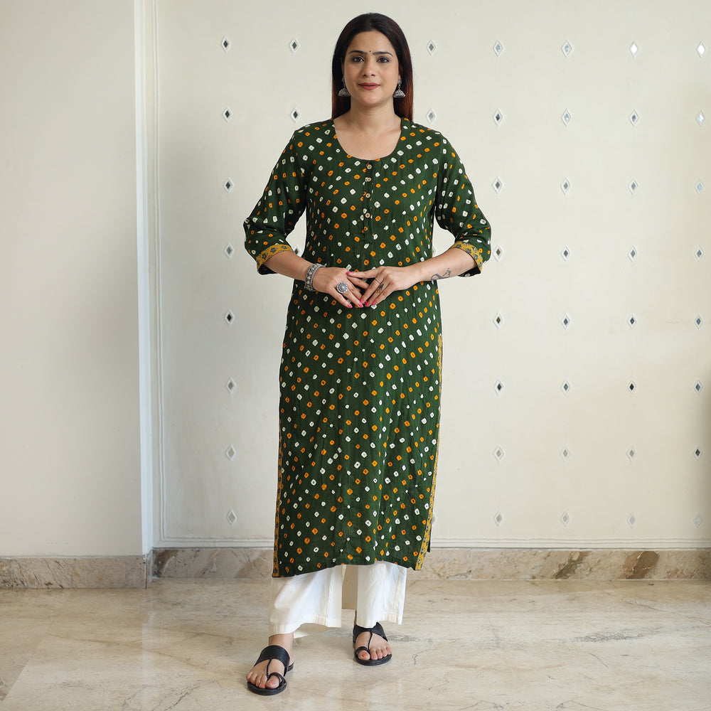 Dark Green Bandhani Tie-dye Cotton Straight Kurta