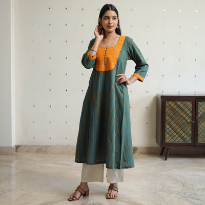 Buy Jacquard Weave Cotton Kurta with Ikat Patchwork 16 Online at iTokri.com