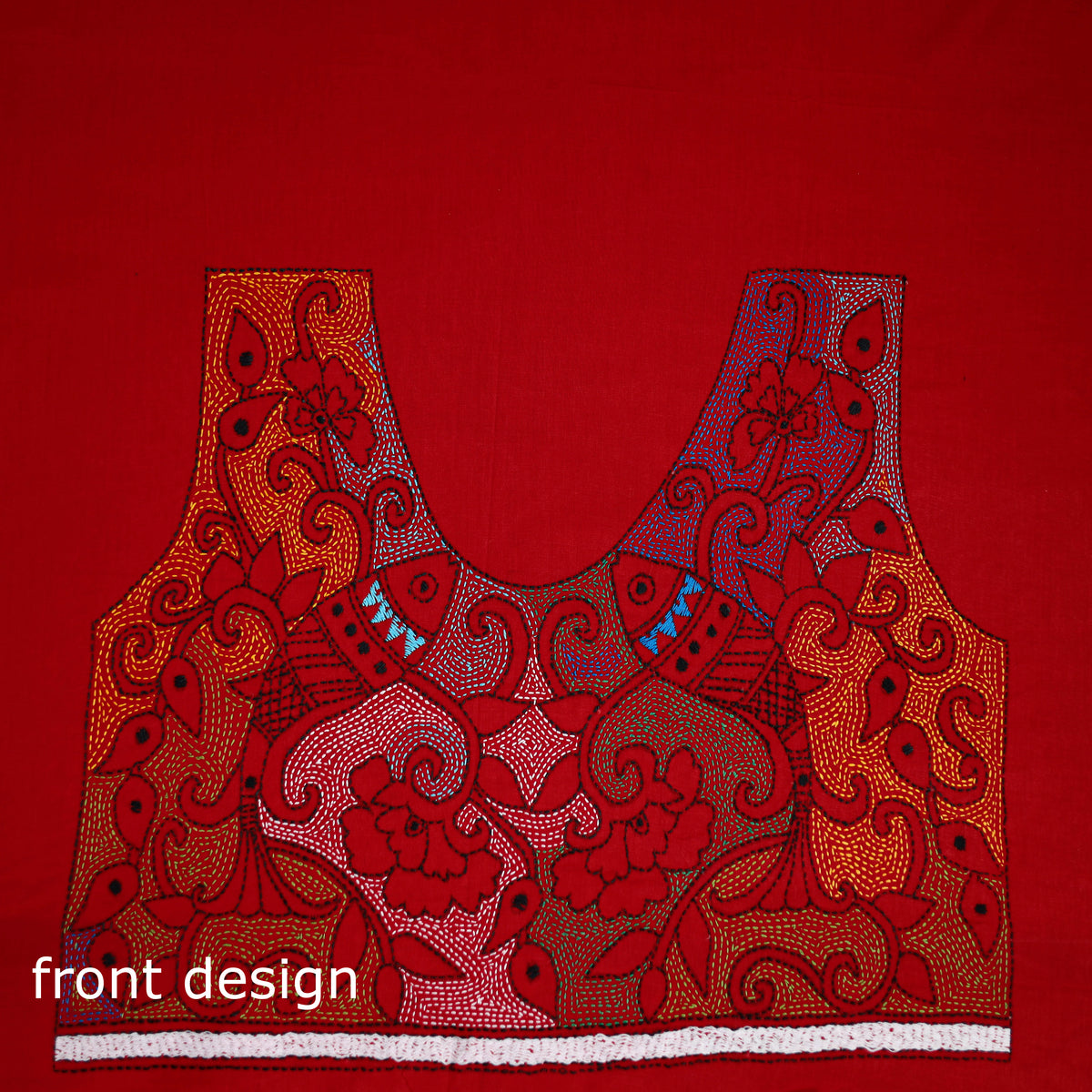 Red - Bengal Kantha Hand Embroidered Cotton Blouse Piece 101