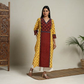Yellow Block Print Mosaic Fusion Straight Mangalagiri Cotton Kurta