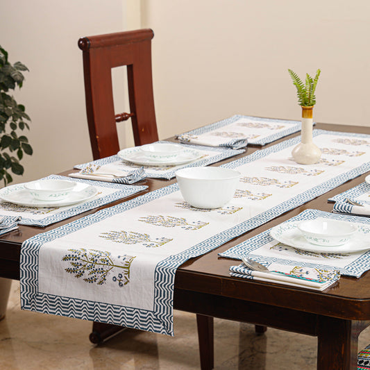 Sanganeri Block Printed Cotton Dining Table Runner, Mats (set of 6) & Napkins (set of 6)