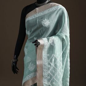 Hand Embroidered Kota Doria Cotton Lucknowi Chikankari Saree with Border 11