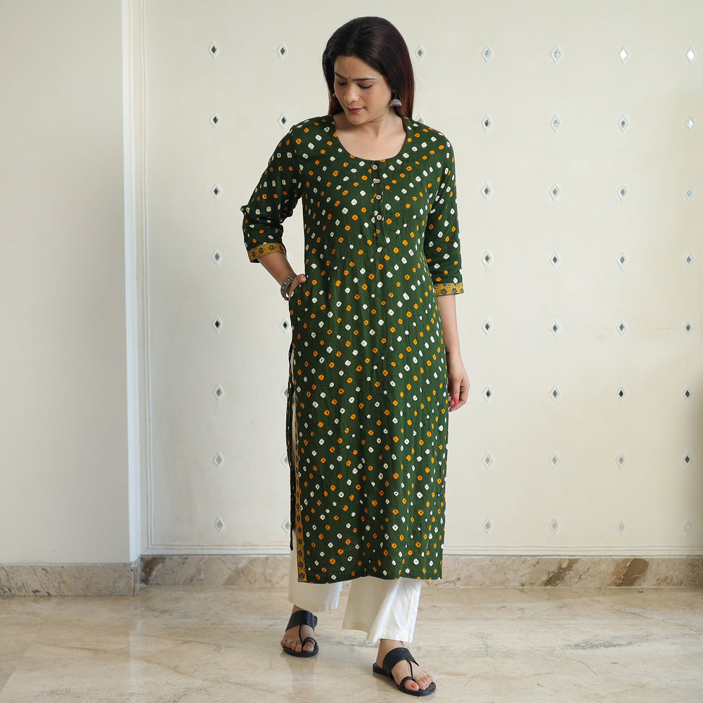 Dark Green Bandhani Tie-dye Cotton Straight Kurta