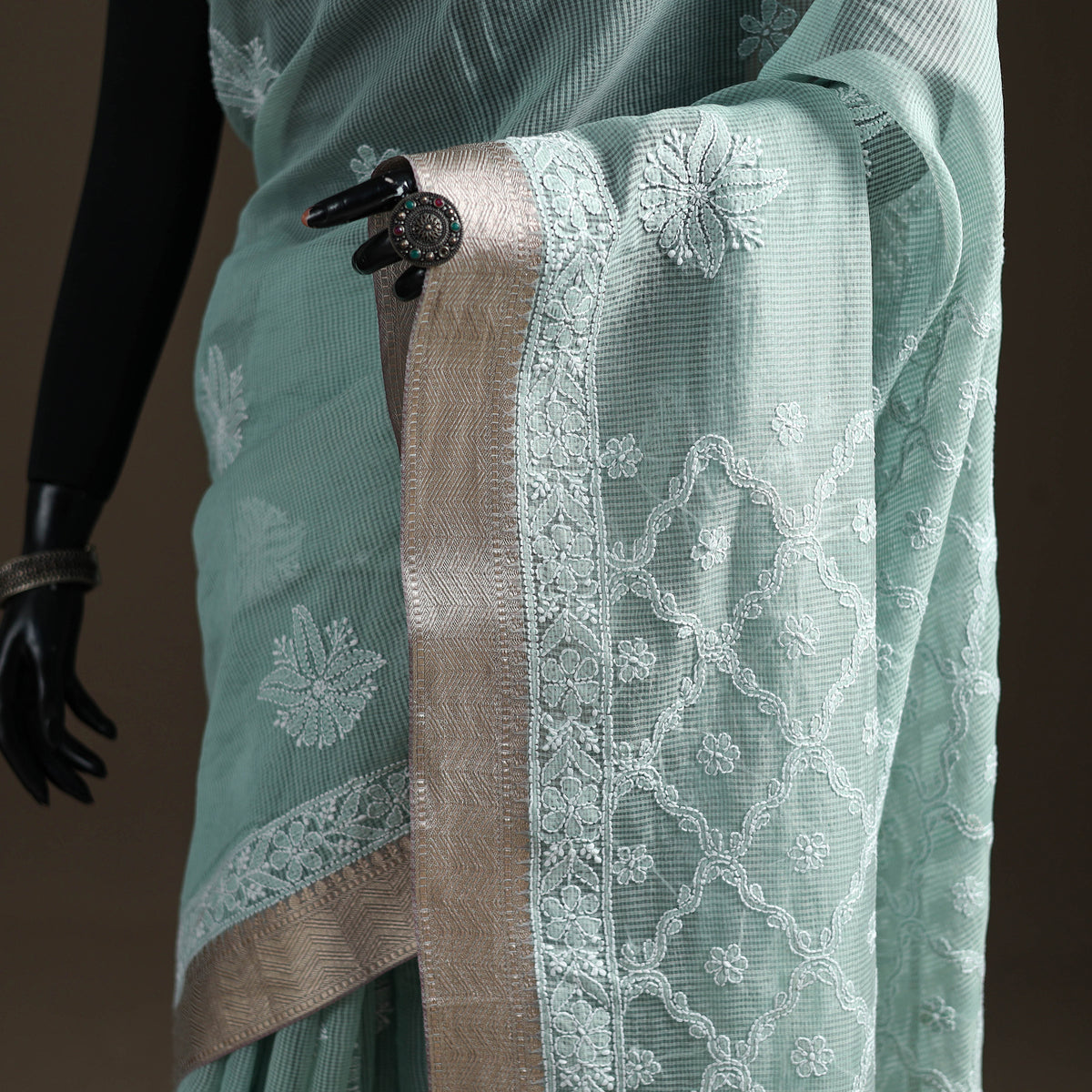 Hand Embroidered Kota Doria Cotton Lucknowi Chikankari Saree with Border 11
