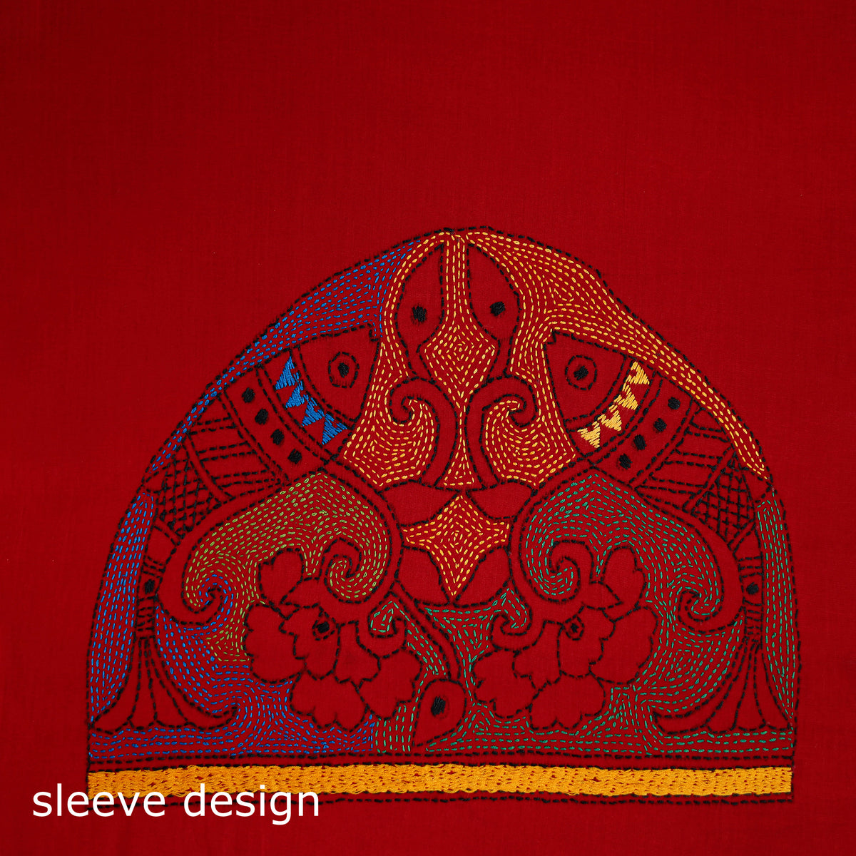 Red - Bengal Kantha Hand Embroidered Cotton Blouse Piece 101