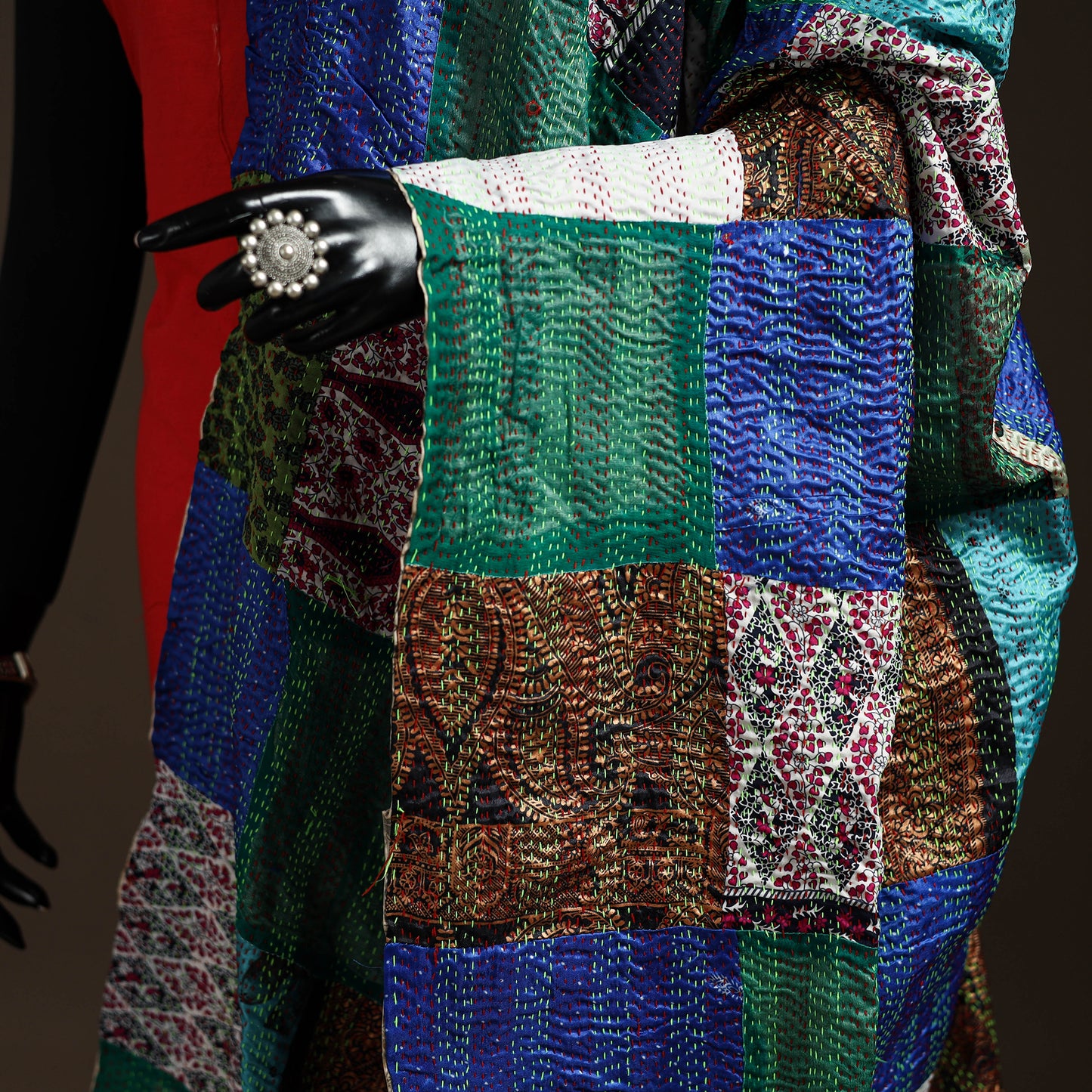 Multicolor - Bengal Hand Embroidery Patchwork Reversible Silk Kantha Dupatta 17